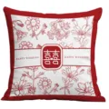 Red Chinese wedding cushion cover with double happiness and floral print for sofa decor. - 18x18 Inch / BGDS32-8