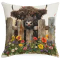 Housse de coussin vache highland aquarelle fleurs clôture taie doreiller canapé maison - Vache des Highlands (HYMD57-6)