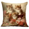 Housse de coussin décorative vintage avec motif de chatons et roses pour salon et canapé - 45x45 cm / A1265-7