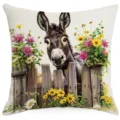 Housse de coussin décorative avec un âne mignon derrière une barrière en bois et des fleurs. - Âne (HYMD57-7)