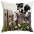 Housse de coussin imprimée chiot mignon et clôture en bois pour la déco de salon. - Chien de Berger (HYMD57-15)