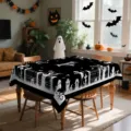 Μαύρο και λευκό τραπεζομάντιλο Halloween με spooky σχέδιο κολοκύθας και νεκροταφείου - 40x60cm / HZB904-10