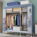 Simple fabric wardrobe with steel frame, blue cover, hanging rods, and storage space for bedroom. - Jiangnan Mist