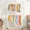 Double tier clothes rack floor standing garment display stand metal bedroom storage hanger - 60CM / Ivory