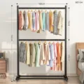 Double tier metal garment rack with dual hanging rods for bedroom and balcony storage. - 100cm / Elegant Black