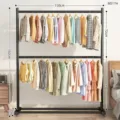 Double layer clothes rack floor standing metal garment display pole heavy duty storage organizer - 150cm / Elegant Black