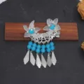Pince à cheveux florale de style traditionnel chinois croissant de lune pompon accessoire - Bleu