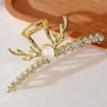Pince à cheveux dorée strass bois de cerf perle, taille 10.5x5cm, accessoire élégant. - Style Strass Bois de Cerf (HS02561)