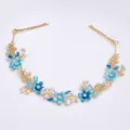 Gold blue flower hair vine bridal wedding headband crystal rhinestone pearl hair accessory - FG01079 / Blue