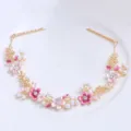 Gold alloy floral hair vine with pink enamel and pearls, perfect for bridal wedding updo styling. - FG01079 / Pink