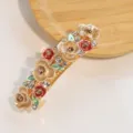 Korean style alloy floral hair clip with rhinestones, elegant spring barrette for women. - Style F011159 / Coffee
