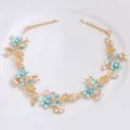 Gold bridal hair vine with blue enamel flowers and pearls for wedding and party styling. - FG01080 / Blue