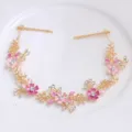 Gold floral hair vine with pink enamel flowers and sparkling rhinestones for bridal styling. - FG01083 / Pink