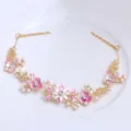 Gold floral bridal hair vine with pink enamel flowers, pearls, and rhinestones. - FG01081 / Pink