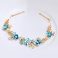 Gold hair vine with blue enamel flowers, pearls and rhinestones, bridal hair accessory. - FG01081 / Blue