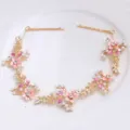 Gold floral hair vine with pink enamel flowers and pearls for bridal wedding hair styling. - FG01080 / Pink