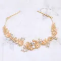 Gold floral hair vine with pearls and rhinestones, elegant bridal headband hair accessory. - FG01078 / Coffee