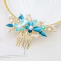 Blue flower hair comb with pearls and rhinestones, elegant hair accessory for dance performance. - FS20859 Blue