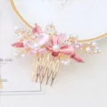 Elegant pink enamel flower hair comb with pearls and rhinestones for women wedding hair. - FS20859 Pink