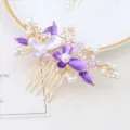 Gold flower hair comb with purple enamel petals, faux pearls and sparkling rhinestones. - FS20859 Purple