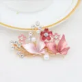 Pince à cheveux papillon fleur en émail rose avec strass perles, barrette élégante - Or & Rose (H009461)