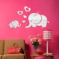 Adhesivo de pared espejo acrilico elefante y corazon DIY 3D decoracion para dormitorio salon. - JM343 Plateado