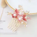 Elegant rhinestone pearl flower hair comb, gold vintage accessory for women daily styling. - FS20860 Pink