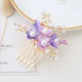Exquisite gold hair comb featuring purple floral enamel, pearls, and sparkling rhinestones. - FS20860 Purple