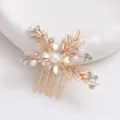 Gold flower hair comb with faux pearls and rhinestones, elegant hair accessory for dance and parties. - FS20861 Brown
