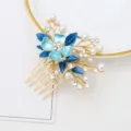 Blue floral hair comb with faux pearls and rhinestones, elegant bridal hair accessory. - FS20863 Blue