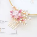 Pink floral hair comb with pearls and rhinestones, elegant Korean style hair accessory. - FS20863 Pink