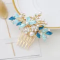 Blue Enamel Hair Comb Rhinestone Pearl Hair Piece Elegant Wedding Bridal Hair Accessory - FS20865 Blue