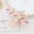 Korean style pink rhinestone pearl hair comb variant, elegant floral hair accessory for dance. - FS20865 Pink