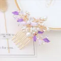 Elegant Korean style hair comb with purple enamel leaves, pearls and shiny rhinestones. - FS20865 Purple