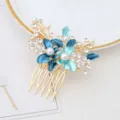 Rhinestone flower hair comb gold blue enamel hair accessory variant for dance performance - FS20868 Blue