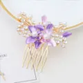 Elegant purple enamel flower and rhinestone hair comb, gold-toned metal bridal hair accessory. - FS20868 Purple