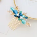 Blue enamel flower hair comb with pearls and rhinestones, elegant bridal hair accessory. - FS20869 Blue