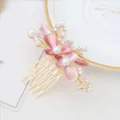 Elegant gold hair comb with pink enamel flowers, pearls and rhinestones for daily or party wear. - FS20869 Pink