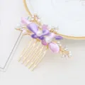 Korean style gold hair comb with purple enamel flowers, elegant pearls and sparkling rhinestones. - FS20869 Purple