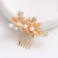 Gold floral hair comb with white faux pearls and sparkling rhinestones for elegant styling - FS20869 Brown