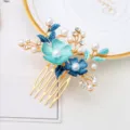 Blue Enamel Floral Hair Comb Pearl Rhinestone Wedding Hairpin Bridal Hair Accessories - FS20870 Blue