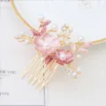Pink floral hair comb with faux pearls and rhinestones. Elegant gold metal bridal hair accessory. - FS20870 Pink