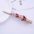 Korean style alloy flower rhinestone hair clip, elegant gold metal duckbill hair barrette. - Pink