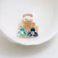 Mini pince à cheveux en métal exquise avec fleurs émaillées colorées et strass scintillants. - Bleu