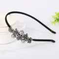 Korean style black alloy headband with sparkling rhinestones and grey pearl flowers. - Inlaid Rhinestone Floral Headband(FG00638) / Black