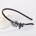 Blue crystal rhinestone hair hoop elegant floral alloy headband for women daily wear - Side Floral Headband(FG00631) / Black
