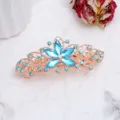 Elegante molla per capelli in lega oro rosa con grande fiore di cristallo blu e strass. - Stile Fiore Squisito (F014740) / Blu lago