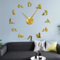 Modern 3D acrylic mirror wall clock with dog owner silhouettes, DIY giant wall clock for decor. - Gold