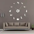 Modern DIY acrylic cat wall clock scene displaying creative silhouette hour markers on wall. - Silver