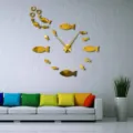 Moderne 3D Acryl Spiegel Fisch Wanduhr, goldene DIY dekorative Wanduhr für Wohnzimmer. - Gold